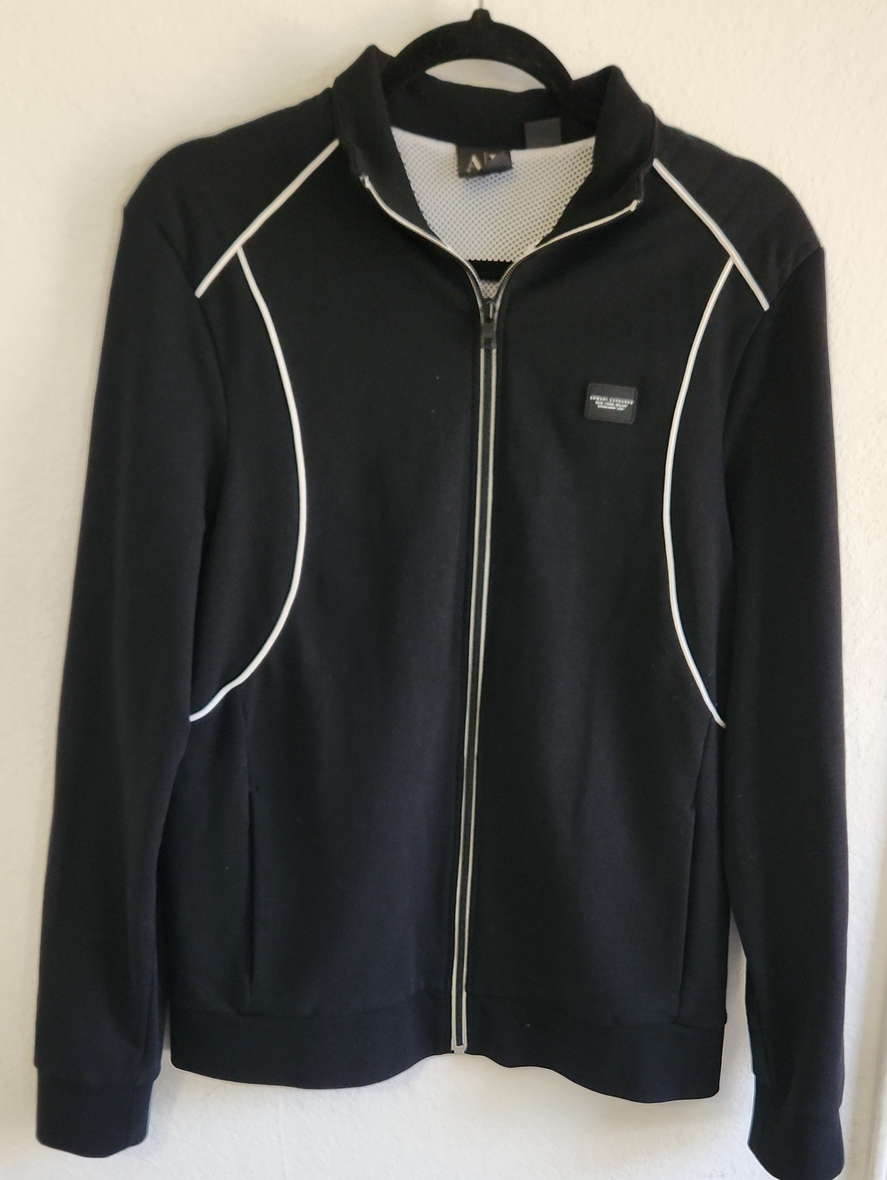 Armani Exchange Black Full Zip Track Jacket White Piping Rubber Logo Medium